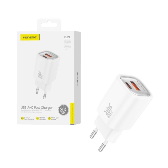 Adaptador Foneng EU71 2 Portas USB-A+Tipo-C PD30W Branco